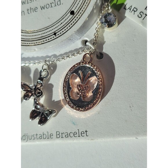 LA Rocks Silver & Rose Gold Tone Crystal Charm Bracelet w/ Butterflies & Flowers - Picture 5 of 6
